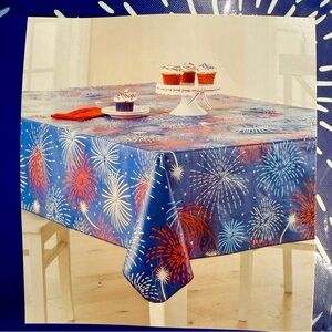 Americana Fireworks Tablecloth Vinyl 60x84 Red White Blue Patriotic NEW